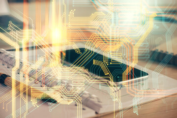 Double exposure of map drawing and cell phone background. Concept of data globalization