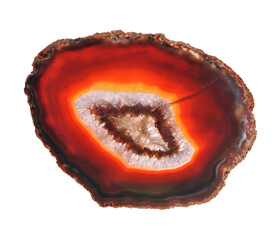 Thin polished red slice of agate geodes with concentric layers isolated over a white background