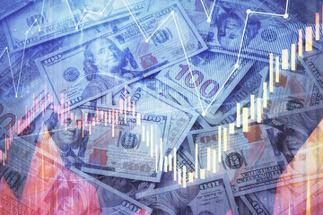 Double exposure of forex graph drawing over us dollars bill background. Concept of financial markets.