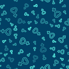 Green line Female gender symbol icon isolated seamless pattern on blue background. Venus symbol. The symbol for a female organism or woman. Vector.
