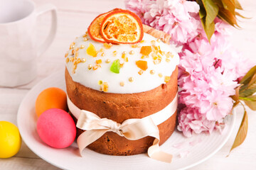 Easter cake with bouquet of pink flowers