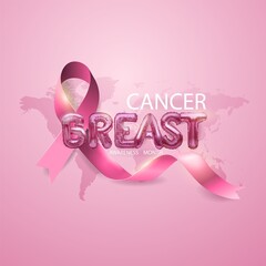 Realistic pink ribbon on a pink background with a world map and metal letters. A symbol of World Breast Cancer Awareness Month in October. Vector illustration.
