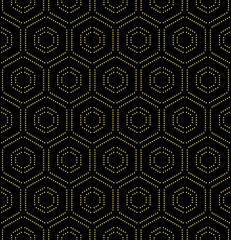 Geometric repeating vector ornament with golden hexagonal dotted elements. Geometric golden modern ornament. Seamless abstract modern pattern