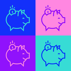 Pop art line Piggy bank with coin icon isolated on color background. Icon saving or accumulation of money, investment. Vector.