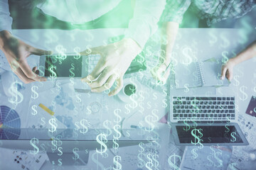 Double exposure of man and woman working together and financial chart hologram drawing. market analysis concept. Computer background. Top View.