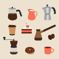 Set of coffee elements: drinks, desserts, beans and other related objects.Vector illustration