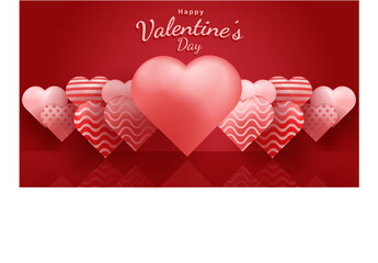 Valentine's Day background with 3d hearts on red. Vector illustration. Cute love banner or greeting card