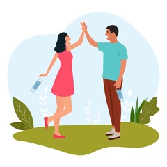 A guy and a girl rejoice at the end of quarantine, self-isolation  in the park. Young laughing woman and man take off medical masks and throw them.pandemic is over concept.Vector illustration