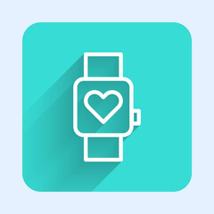 White line Smart watch showing heart beat rate icon isolated with long shadow. Fitness App concept. Green square button. Vector.