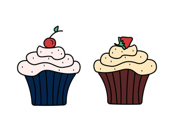 Two cupcakes with cream cherries and strawberries, vector illustration on a white background.