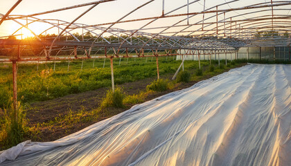 Floating row cover is the organic farm at sunset.