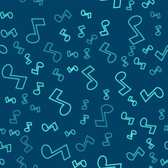 Green line Music note, tone icon isolated seamless pattern on blue background. Vector.