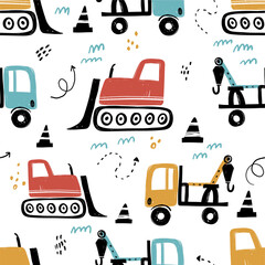 Vector hand-drawn seamless repeating children simple pattern with cars in Scandinavian style on a white background.Kids seamless pattern with building equipment. Funny construction transport © ZHUKO