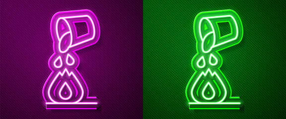 Glowing neon line Water bucket extinguishing a fire icon isolated on purple and green background. Vector.