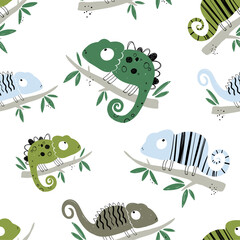 Vector hand-drawn colored childish seamless repeating simple flat pattern with chameleons in scandinavian style on a white background. Cute baby animals. Pattern for kids with chameleon. Lizard.