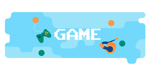 Cyber sport players at computers competing for a trophy and fans cheering with flags. E-sport fans, computer game fan, e-sport fan club concept. Header or footer banner template with copy space