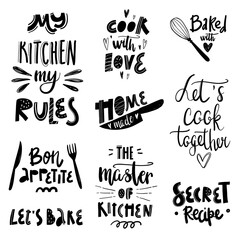 Hand written vector cooking lettering set on white background. Vector cooking lettering set with kitchenware silhouette. Design concept for cooking classes, courses, food studio, cafe, restaurant.