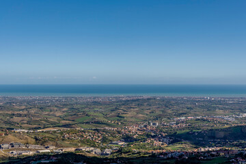 Panoramic top view of the Adriatic coast from San Marino on a sunny day