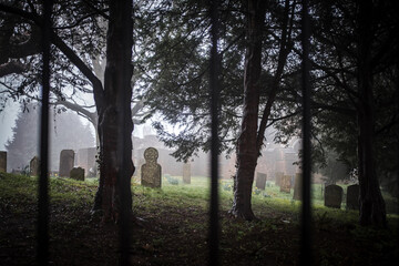 Foggy eerie graveyard with mist and creepy fog around headstones. Grave stones peaceful atmosphere old abandoned derelict English church yard misty spooky sinister trees for funeral burial service