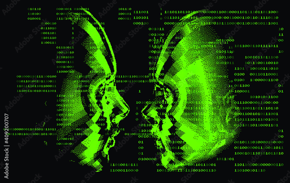 Aufkleber Low poly 3D head and binary code on dark background, human face structure made of pixels. Biometrics, Facial Recognition and Cyber Security concept.