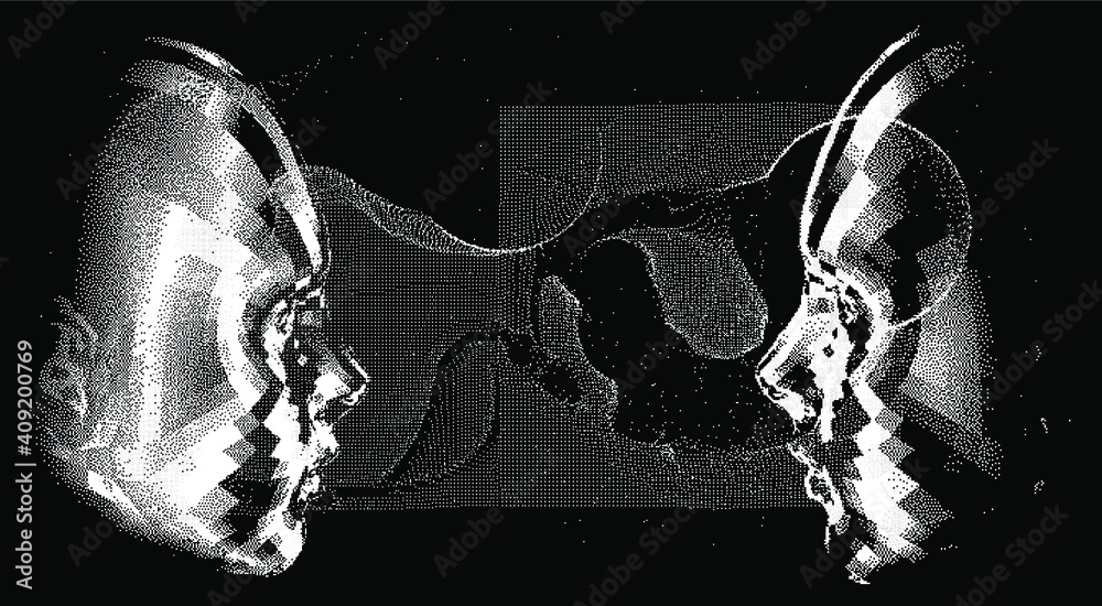Poster Human head made of the array of particles, pixelated and glitched portret of supreme artificial intelligence. Generative computer art.