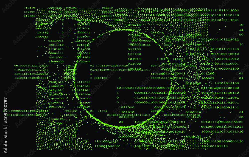 Aufkleber Abstract technology background with binary code and mesh made of particles. Glitched computer screen with scientific drawings. 