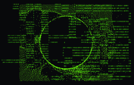 Abstract technology background with binary code and mesh made of particles. Glitched computer screen with scientific drawings. 