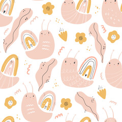 Vector hand-drawn color seamless repeating childish simple pattern with cute snails, flowers and herbs in Scandinavian style on a white background. Children's pattern with snails. Cute baby animals.