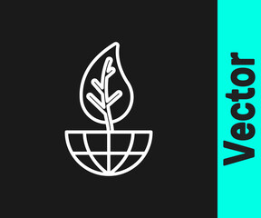 White line Earth globe and leaf icon isolated on black background. World or Earth sign. Geometric shapes. Environmental concept. Vector.