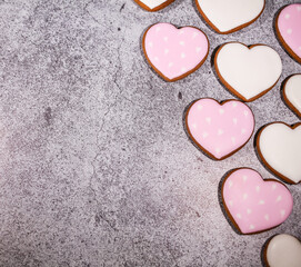 Valentine's day cookies background, top view