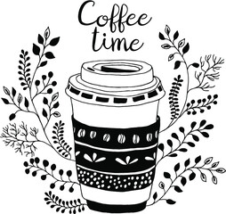 Coffee time. Cute coffe  takeaway cup with floral decor. Hand draw doodle illustration. Spring mood.