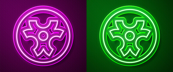 Glowing neon line Biohazard symbol icon isolated on purple and green background. Vector.