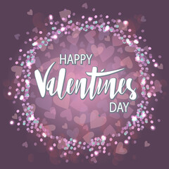 Happy Valentines Day text as celebration badge, tag, icon. Banner on textured rose gold background.  Text card invitation, template. Festivity background. Lettering typography poster. EPS 10.