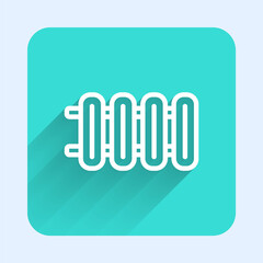 White line Heating radiator icon isolated with long shadow. Green square button. Vector.