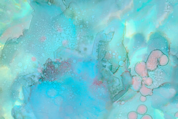 Watercolor ink abstract artistic background for design. Blue green pink stain splash, spring summer mood, pastel colors