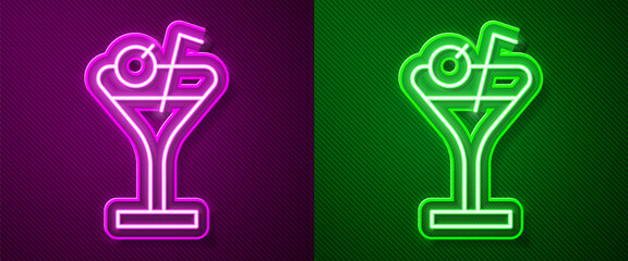 Glowing neon line Martini glass icon isolated on purple and green background. Cocktail icon. Wine glass icon. Vector.