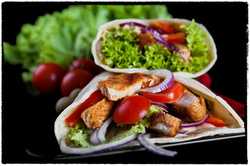 tortilla, jedzenie, posiłek, salada, kurak, obiad, płyta, pomidor, sałata, jarzyna, lunch, grilla, zdrowa, jarzyna, dania, delikatesowy, gotowane, swiezy, przepyszny