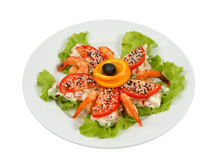 Healthy fresh salad with shrimps on white round plate isolated on white background
