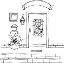 Door on the front wall of the building facade, stone steps of the porch,  small window,  letter box,  lantern, vase with flowers at the entrance