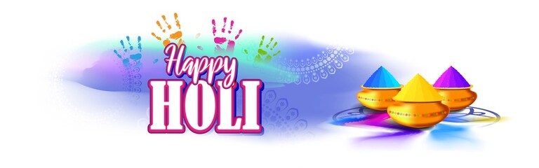 Vector illustration of Happy Holi greeting, written Hindi text means it's Holi, Festival of Colors, festival elements with colorful Hindu festive background