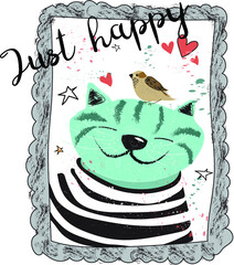 Happy Сat in a striped T-shirt makes a selfie, bird is sitting on his head. In the photo frame. Funny doodle vector illustration for postcard, banner, wallpaper.