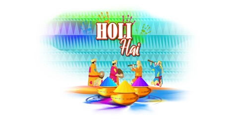 Vector illustration of Happy Holi greeting, written Hindi text means it's Holi, Festival of Colors, festival elements with colorful Hindu festive background