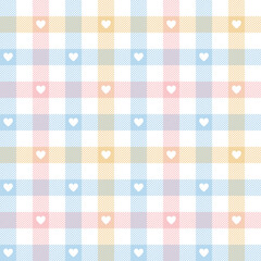 Gingham pattern with hearts in pastel blue, pink, orange yellow, white for spring and summer gift wrapping, picnic tablecloth, dress, or other modern Easter and Valentines Day fabric design.