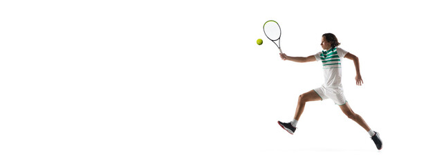 Fototapeta na wymiar Flyer. Young caucasian professional sportsman playing tennis isolated on white background. Training, practicing in motion, action. Power and energy. Movement, ad, sport, healthy lifestyle concept.