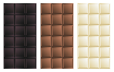 Set of bitter chocolate, milk chocolate, dark chocolate.