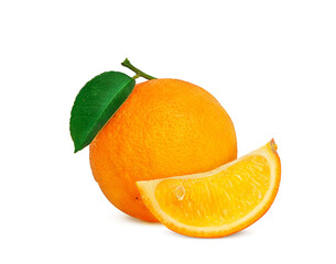 ripe orange on a branch with green leaf on a white background