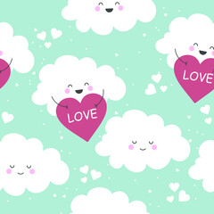 Seamless pattern with cute clouds. Kawaii clouds hold hearts. Cartoon background. 