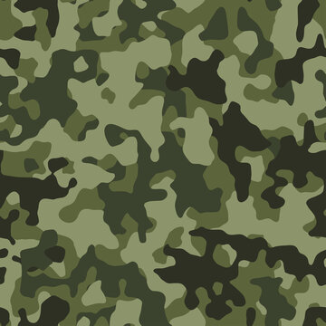 Camouflage pattern background, seamless Camo military print texture. Green brown black olive colors forest. Vector wallpaper