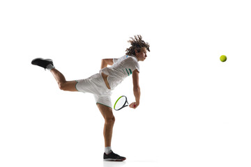 Inspired. Young caucasian professional sportsman playing tennis isolated on white background. Training, practicing in motion, action. Power and energy. Movement, ad, sport, healthy lifestyle concept.
