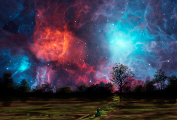 Space background. Magician walking on path in meadow landscape with tree silhouette and colorful nebula. Digital painting, 3D rendering